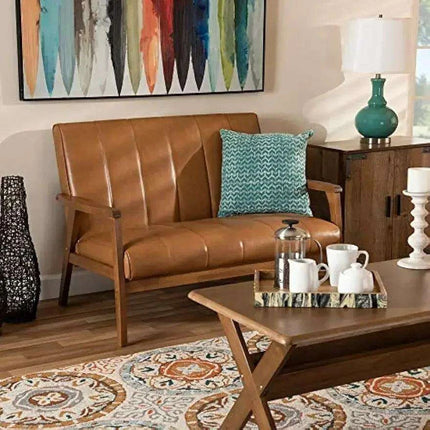 Nikko Tan Faux Leather Loveseat with Walnut Brown Finish - Chic Sofa for Modern Living Rooms..