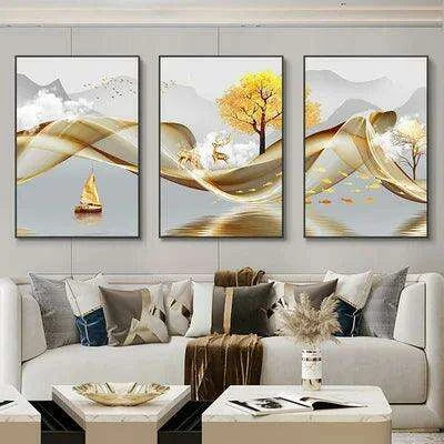 Nordic Elegance: Golden Deer Abstract Landscape 3-Piece Canvas Art Set with Customizable Borders for Luxury Home Decor - Très Elite