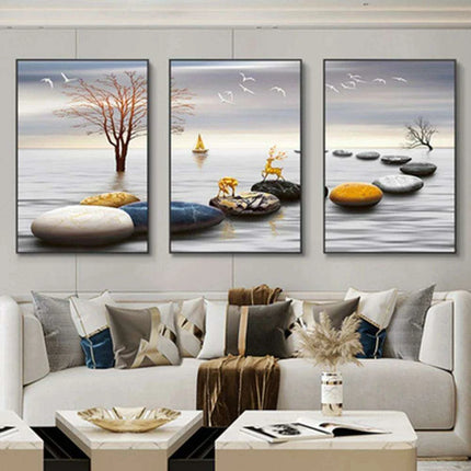 Nordic Elegance: Golden Deer Abstract Landscape 3-Piece Canvas Art Set with Customizable Borders for Luxury Home Decor - Très Elite