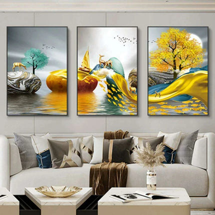 Nordic Elegance: Golden Deer Abstract Landscape 3-Piece Canvas Art Set with Customizable Borders for Luxury Home Decor - Très Elite