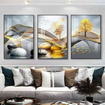 Nordic Elegance: Golden Deer Abstract Landscape 3-Piece Canvas Art Set with Customizable Borders for Luxury Home Decor - Très Elite