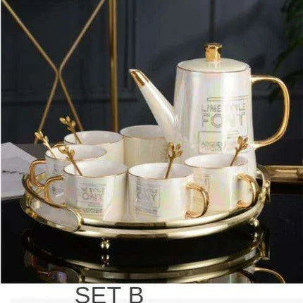 Nordic Gold Ceramic Tea and Coffee Set with Bone China Pot - Elegant and Versatile Luxe Kit - Très Elite