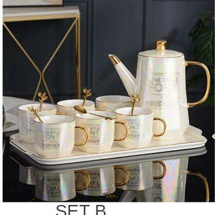 Nordic Gold Ceramic Tea and Coffee Set with Bone China Pot - Elegant and Versatile Luxe Kit - Très Elite