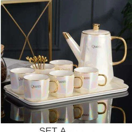 Nordic Gold Ceramic Tea and Coffee Set with Bone China Pot - Elegant and Versatile Luxe Kit - Très Elite