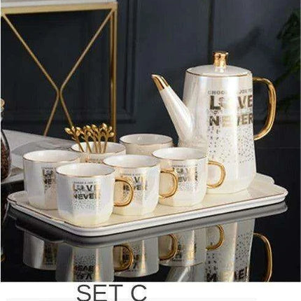 Nordic Gold Ceramic Tea and Coffee Set with Bone China Pot - Elegant and Versatile Luxe Kit - Très Elite