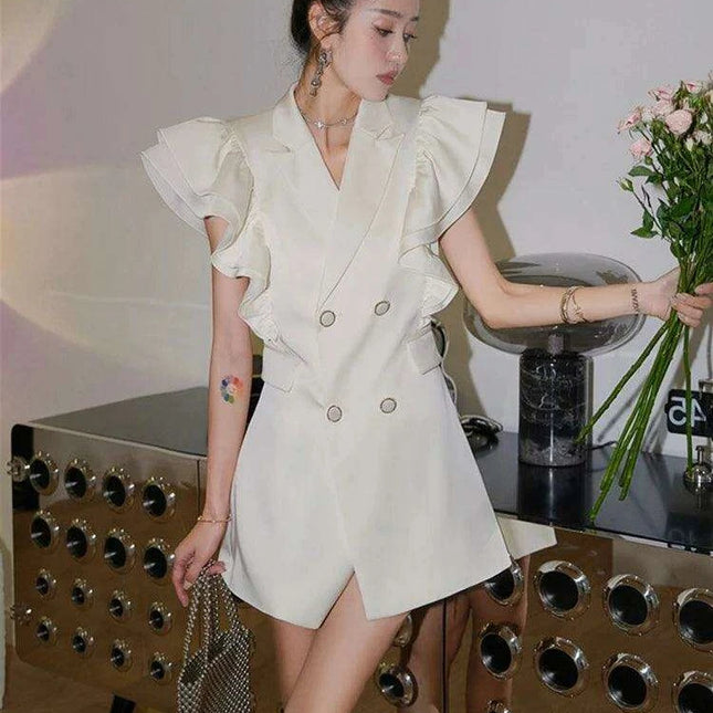 Notched Button Mini Dress with Ruffled Sleeves - Women's Summer Evening Wear
