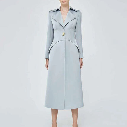 Notched Long Sleeve Mid-Calf Trench Coat with Waist Belt - Slim Fit Women's Windbreaker for Autumn 2024 - Très Elite