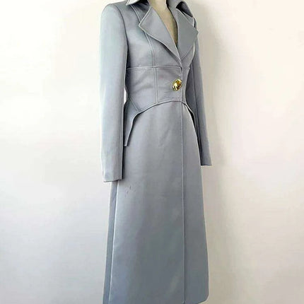 Notched Long Sleeve Mid-Calf Trench Coat with Waist Belt - Slim Fit Women's Windbreaker for Autumn 2024 - Très Elite