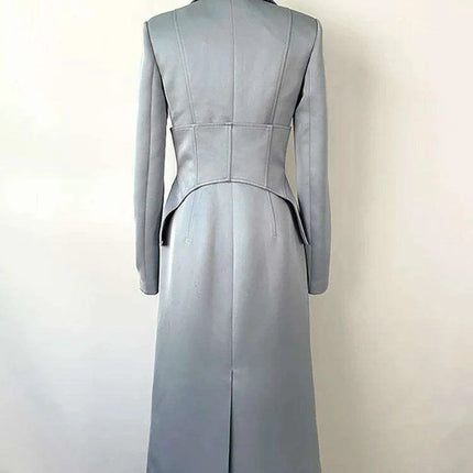 Notched Long Sleeve Mid-Calf Trench Coat with Waist Belt - Slim Fit Women's Windbreaker for Autumn 2024 - Très Elite