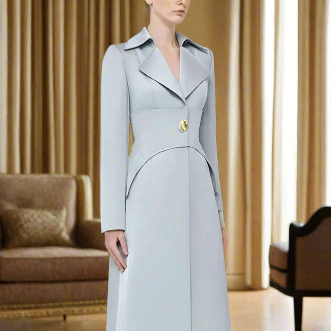 Notched Long Sleeve Mid-Calf Trench Coat with Waist Belt - Slim Fit Women's Windbreaker for Autumn 2024