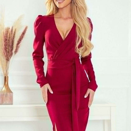 Numoco Elegant Burgundy Belted Daydress: Timeless Sophistication