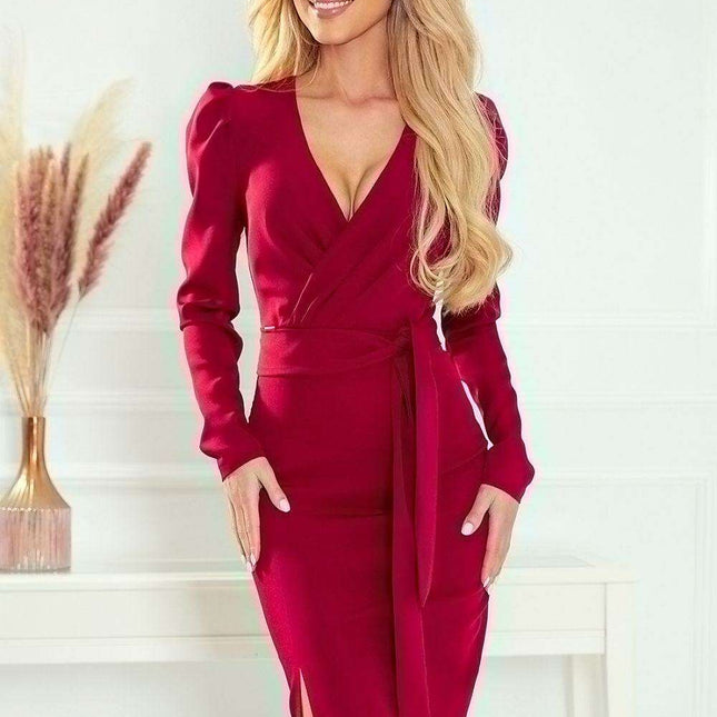 Numoco Elegant Burgundy Belted Daydress: Timeless Sophistication