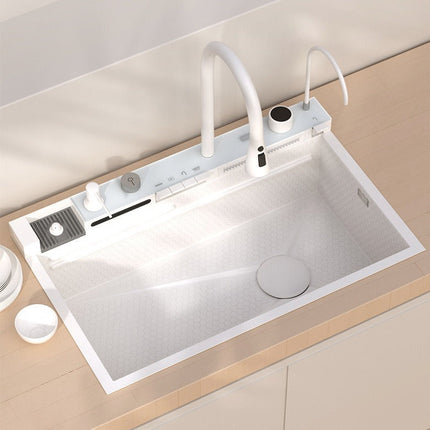 White Kitchen Workstation Sink with Waterfall Faucet