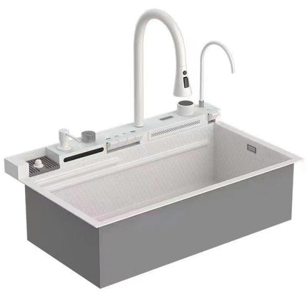 White Kitchen Workstation Sink with Waterfall Faucet