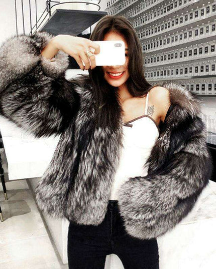 Chic Urban Elegance: Cropped Dark Silver Fox Faux Fur Jacket for Women