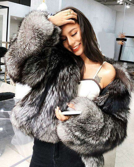 Chic Urban Elegance: Cropped Dark Silver Fox Faux Fur Jacket for Women