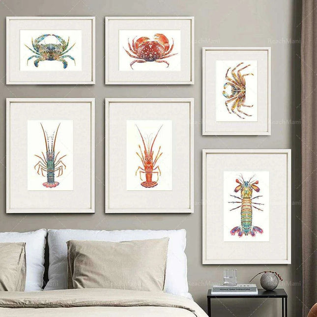 Oceanic Watercolor Art Collection - Set of Crab, Lobster & Shrimp Prints for Coastal Home Decor
