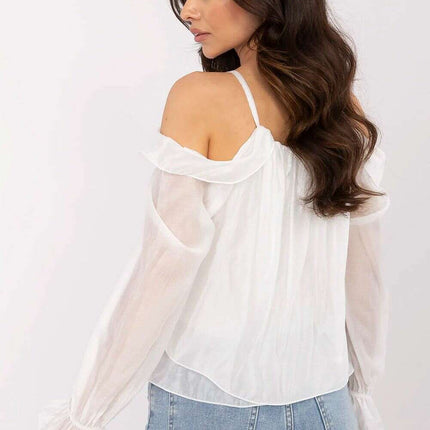 Off Shoulder Ruffle Blouse With Elegant Romantic Brooch - Très Elite