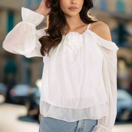Off Shoulder Ruffle Blouse With Elegant Romantic Brooch