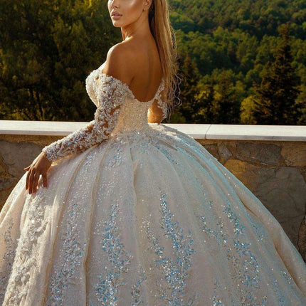 Off The Shoulder V-Neck Long Sleeve All Over Shiny Beaded Sequins Princess Ball Gown