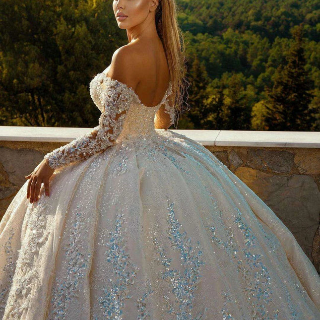 Off The Shoulder V-Neck Long Sleeve All Over Shiny Beaded Sequins Princess Ball Gown