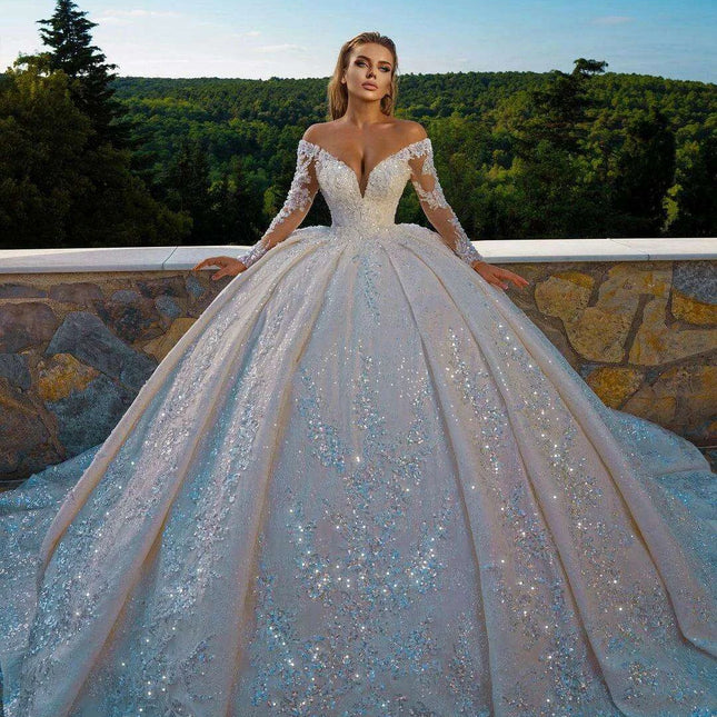 Off The Shoulder V-Neck Long Sleeve All Over Shiny Beaded Sequins Princess Ball Gown