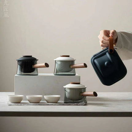 On-the-Go Elegant Ceramic Kung Fu Tea Set: Teapot and Three Travel Cups for Tea Lovers - Très Elite