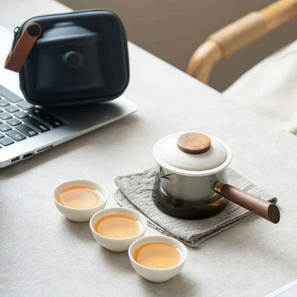 On-the-Go Elegant Ceramic Kung Fu Tea Set: Teapot and Three Travel Cups for Tea Lovers - Très Elite