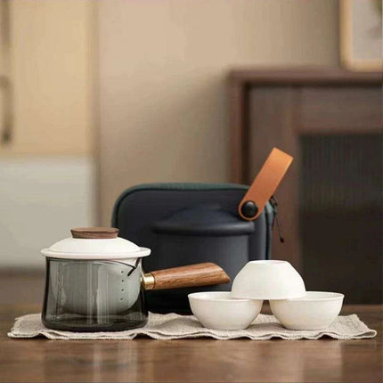 On-the-Go Elegant Ceramic Kung Fu Tea Set: Teapot and Three Travel Cups for Tea Lovers - Très Elite