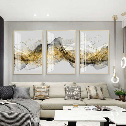 Opulent Golden Ribbon Landscape Canvas Art - Sophisticated Home Elegance - Très Elite