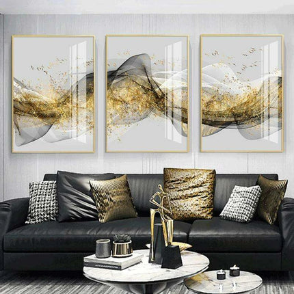 Opulent Golden Ribbon Landscape Canvas Art - Sophisticated Home Elegance - Très Elite