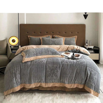 Opulent Grey Velvet Fleece Bedding Set with Luxurious 3D Embossed Duvet Cover and Pillowcases - Très Elite