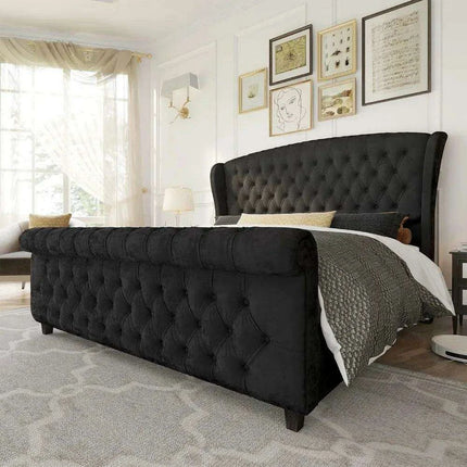 Opulent Handcrafted Velvet King Sleigh Bed - Sophisticated Style & Exceptional Comfort - Très Elite
