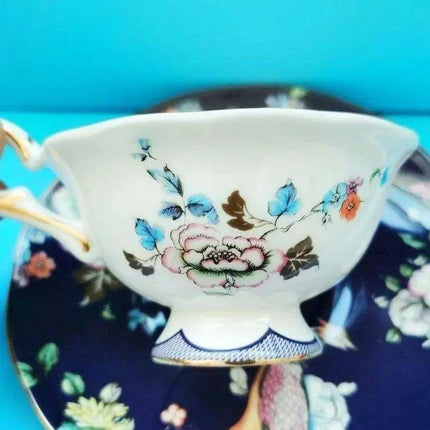 Opulent Midnight Blossom Crane Bone China Tea Set with Gold Accents - Très Elite