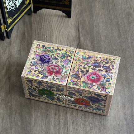 Opulent Mother of Pearl Jewelry Organizer with Butterfly and Peony Design - 4 Spacious Drawers - Très Elite