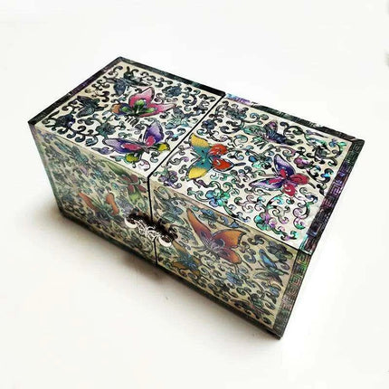 Opulent Mother of Pearl Jewelry Organizer with Butterfly and Peony Design - 4 Spacious Drawers - Très Elite