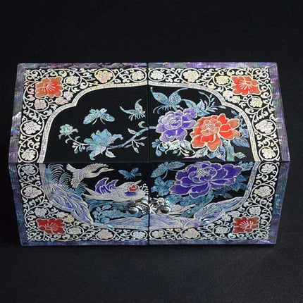 Opulent Mother of Pearl Jewelry Organizer with Butterfly and Peony Design - 4 Spacious Drawers - Très Elite