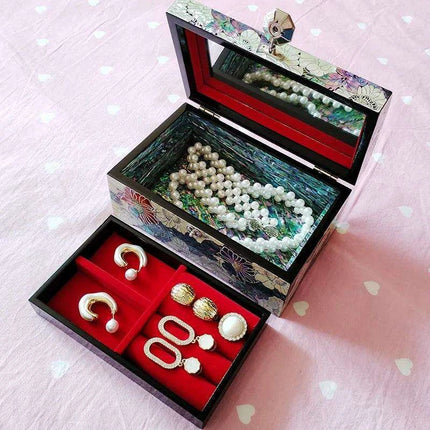 Opulent Two-Tier Jewelry Storage Box with Mother-of-Pearl Detailing and Integrated Mirror - Très Elite