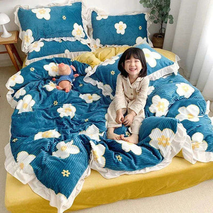 Opulent Velvet Striped Fleece Bedding Ensemble - 3 or 4 Piece Set with Ruffled Duvet Cover and Flannel Sheets- Très Elite- Très Elite