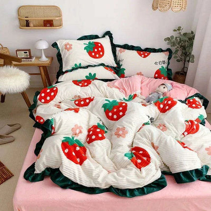 Opulent Velvet Striped Fleece Bedding Ensemble - 3 or 4 Piece Set with Ruffled Duvet Cover and Flannel Sheets - Très Elite