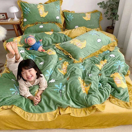 Opulent Velvet Striped Fleece Bedding Ensemble - 3 or 4 Piece Set with Ruffled Duvet Cover and Flannel Sheets - Très Elite