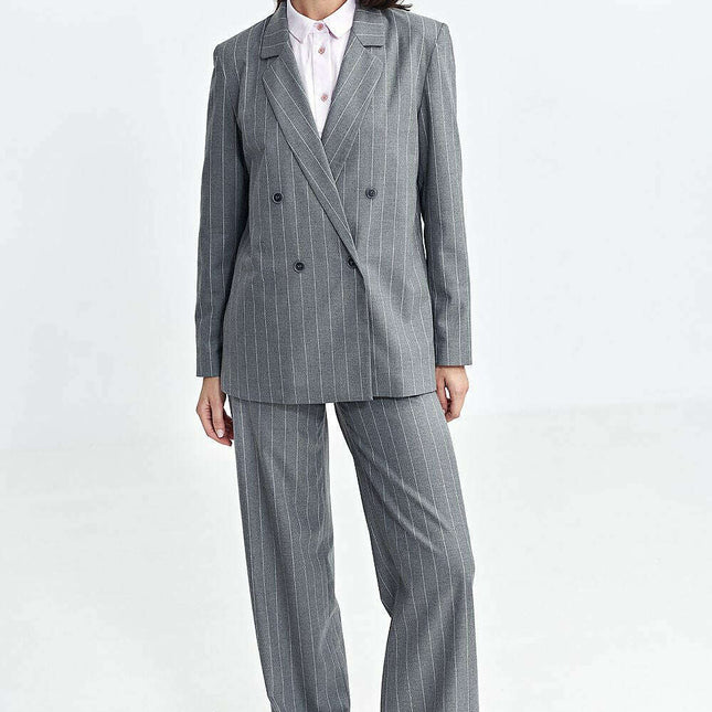 Oversized Grey Blazer With Subtle Tennis Stripes And Lapels