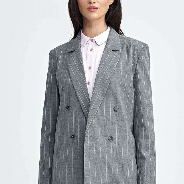 Oversized Grey Blazer With Subtle Tennis Stripes And Lapels