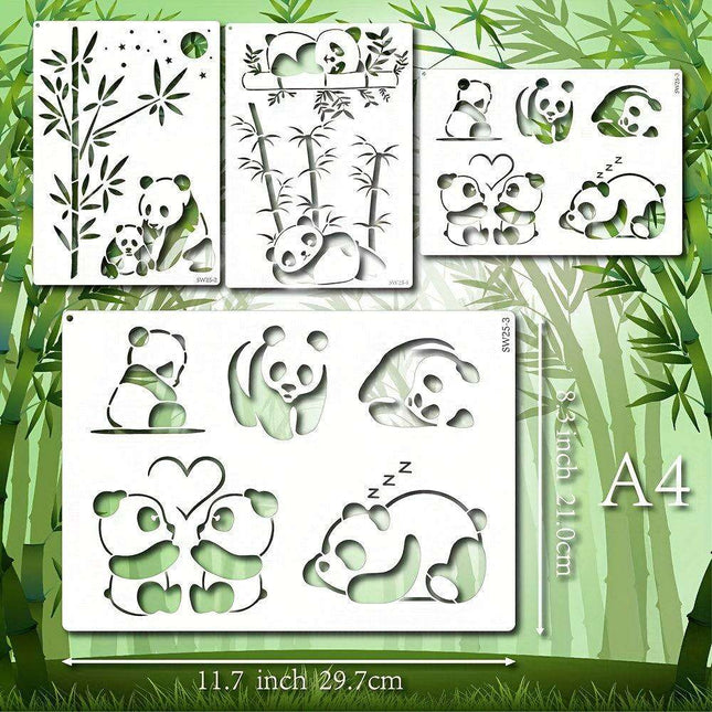 Panda Paradise Stencil Trio - A4 Templates for Creative Painting, Woodburning, and DIY Crafts with Bamboo Accents