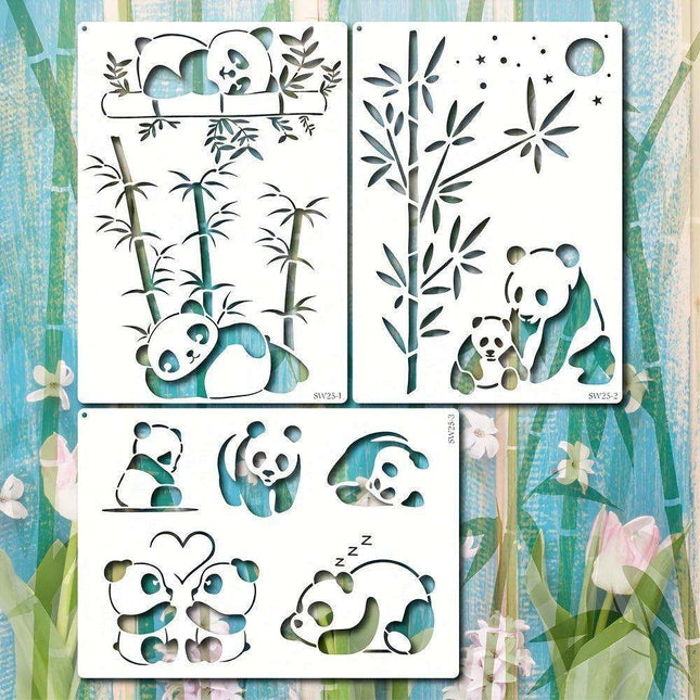 Panda Paradise Stencil Trio - A4 Templates for Creative Painting, Woodburning, and DIY Crafts with Bamboo Accents
