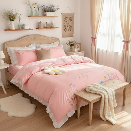 Embroidered Floral Cotton Bedding Set with Ruffled Details