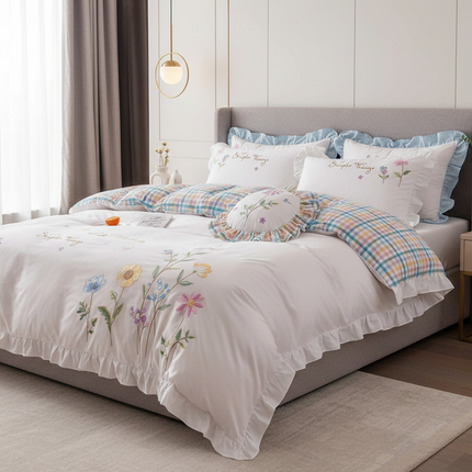 Embroidered Floral Cotton Bedding Set with Ruffled Details