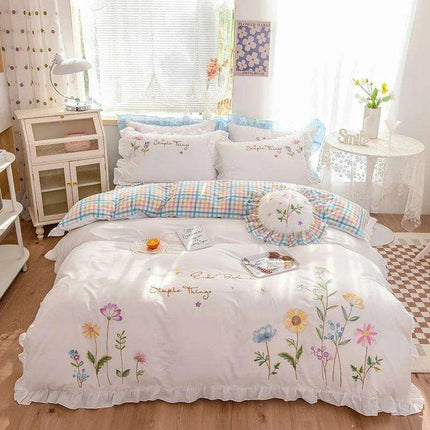 Embroidered Floral Cotton Bedding Set with Ruffled Details