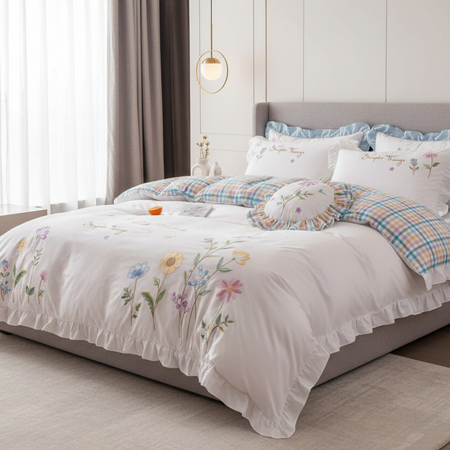 Embroidered Floral Cotton Bedding Set with Ruffled Details