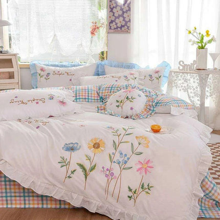 Embroidered Floral Cotton Bedding Set with Ruffled Details